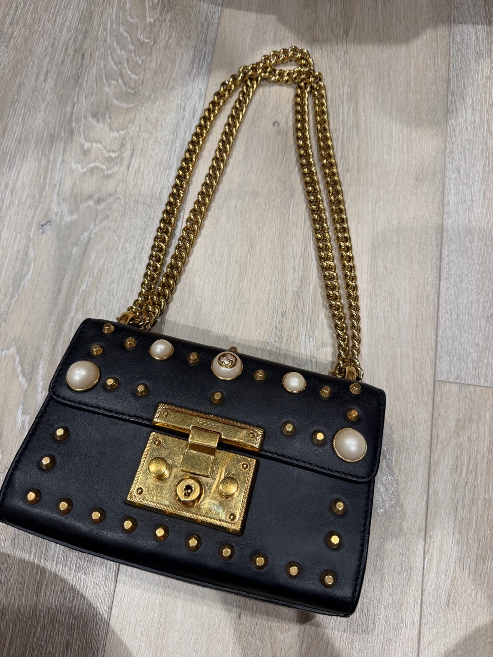 Gucci Black Shoulder Bag with Gold Chain, Pearl Studs